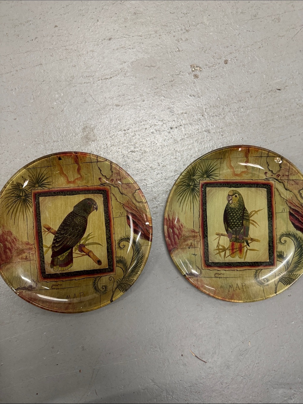 Set of 2 Decorative Parrot Accent Painted Glass Plates in Olive & Gold Tones